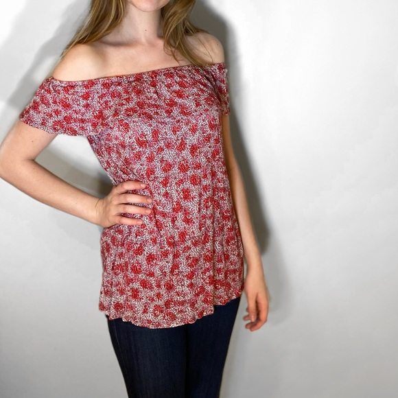 MICHAEL KORS off the shoulder stretchy flowy shirt red pink white size small - Picture 2 of 3